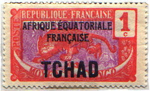Francobollo del 1924 soprastampato 'Africa Equatoriale Francese - Ciad'.