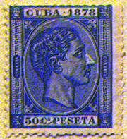 Effige di re Alfonso XII. Francobollo della colonia spagnola di Cuba. Emesso nel 1878.