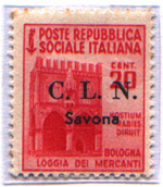 Francobollo del 1944, soprastampato C.L.N (Comitato di Liberazione Nazionale) Savona nel 1945.