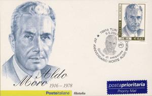 25º anniversario della morte di Aldo Moro. Emesso nel 2003. Cartolina con annullo postale.