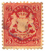 Stemma con stampa in rilievo della Baviera. Francobollo emesso nel 1875.