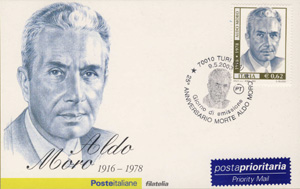 25 anniversario della morte di Aldo Moro. Emesso nel 2003. Cartolina con annullo postale.