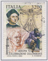 Celebrazioni colombiane. Ritratto di Colombo, l'uomo vitruviano di Leonardo, 'la furia' di Michelangelo e ritratto di Michelangelo. Emesso nel 1992