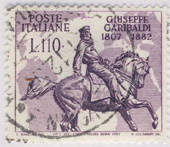 150 anniversario della nascita e 75 anniversario della morte di Giuseppe Garibaldi. Emesso dall'Italia nel 1957.